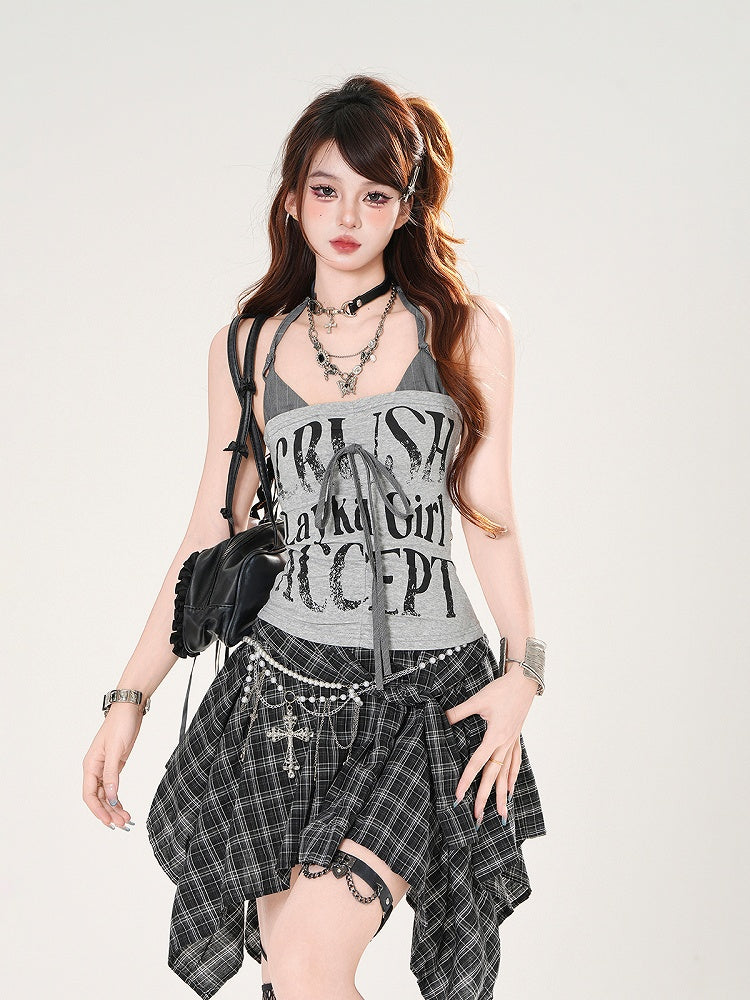 Faux Halter Two-pieces Letter Red/Gray Top Print