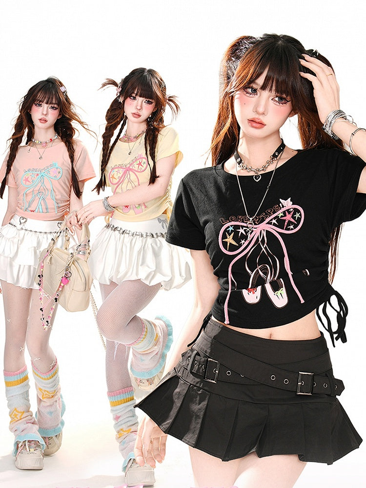 Glamorous Bowknot Black/Yellow/Pink Cropped T-Shirt Drawstring Waist Accent