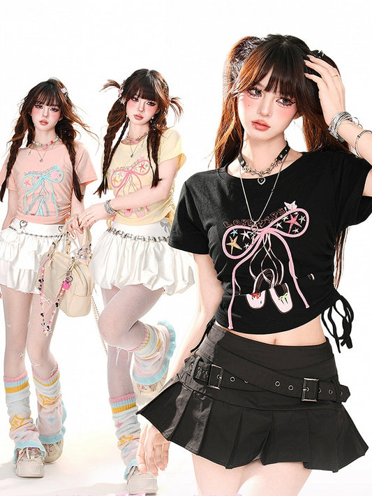 Glamorous Bowknot Black/Yellow/Pink Cropped T-Shirt Drawstring Waist Accent
