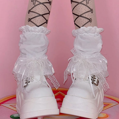 Beaded White Lace Decorated Sleeves Trim Leg Bowknot Y2K