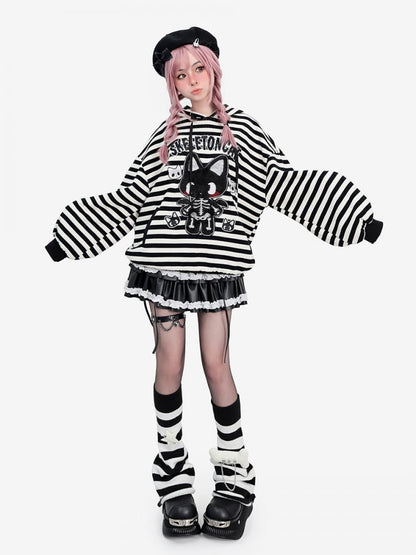 Y2K Skeleton Kitty Black and White Striped Hoodie