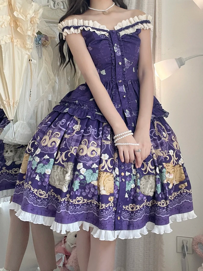 Purple Lolita Scalloped Neckline Eyelet Trim Print Cami Grapes Top
