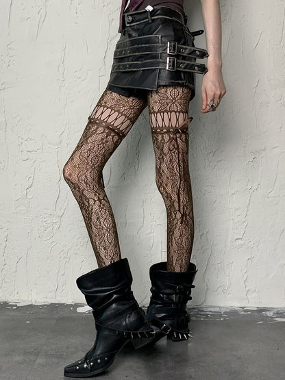 Cut-out Self-tie Coffee/Gray/Black/White/Purple/Blue Y2K Floral Pattern Design Tights Straps