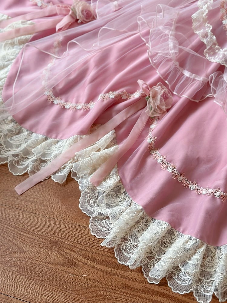 Ensemble complet de nœuds de taille basque à fleurs roses Hanayome Lolita OP /