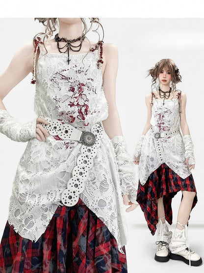 Ärmel mit weißem Design, Ausschnitt, Cami-Print-Kleid, Details Y2K