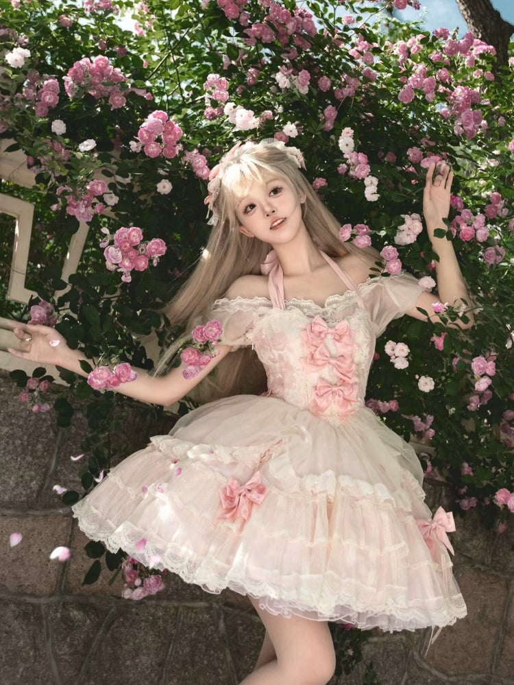 Pink Corset Waist Balletcore Princess Halter Neck Lolita Dress