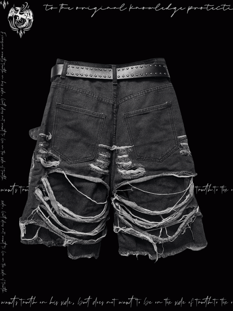 Denim Shorts Y2K Cross Appliques Distressed Holes Dark Gray Glamorous