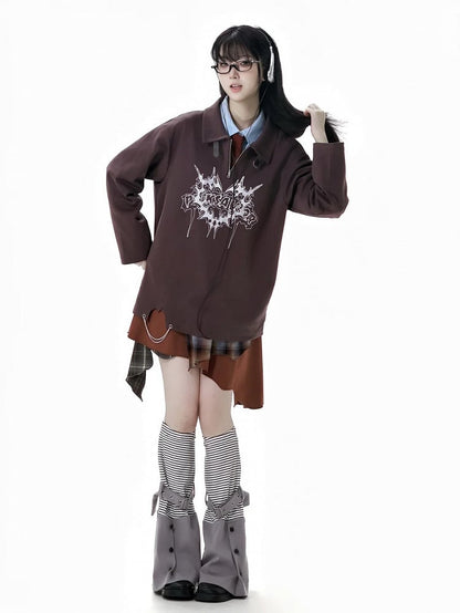 Collar Banded Graphic Sweatshirt Brown Polo Collar Buckle Strap Neckline