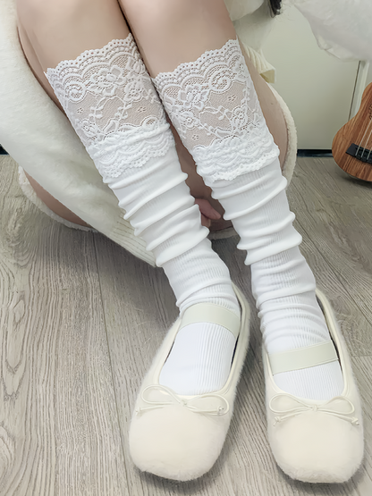 Chaussettes mollet blanches/grises/noires avec bordure en dentelle douce