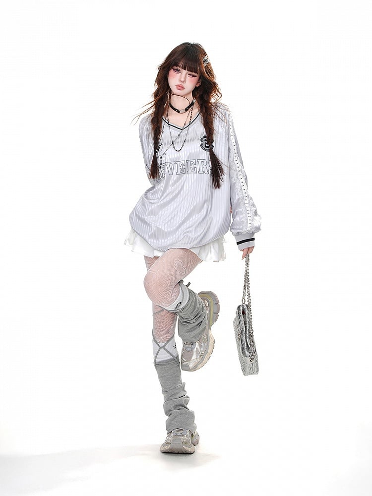 Pink/Gray Striped Pattern V-Neck Loose Sweatshirt