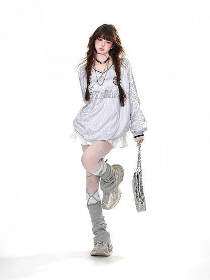 Pink/Gray Striped Pattern V-Neck Loose Sweatshirt