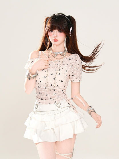 Asymmetrical Neckline Bow Print Drawstring Semi-sheer T-Shirt Pink Waist