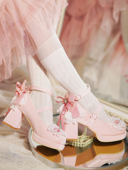 Pink High Trim Lace Heels Heart Top Bow at Block Buckles Knotted