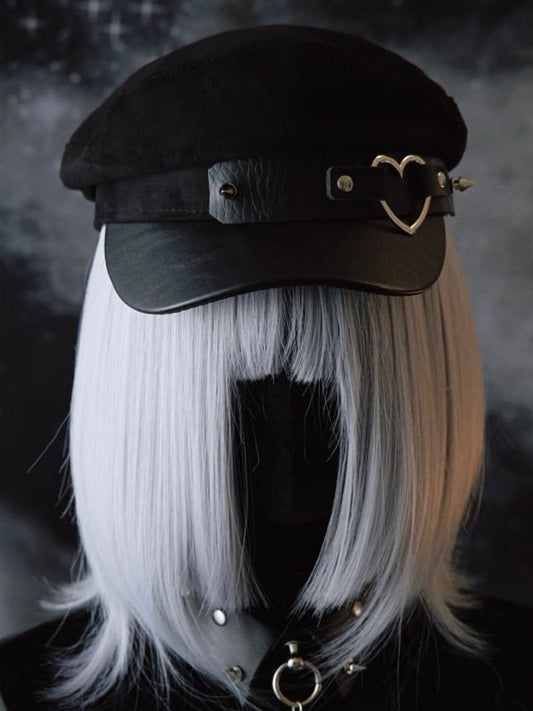 Details Heart Studs Hat Beret Gothic Ring Black