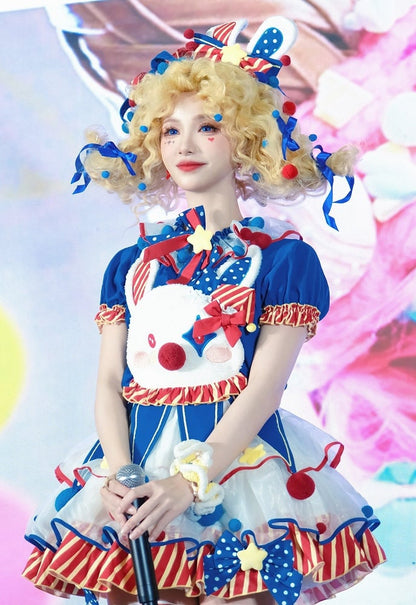 Lolita and Circus Pastel Clown Bodice Overalls Red Dress Blue Dark Clowncore Bunny Fleece Sweet