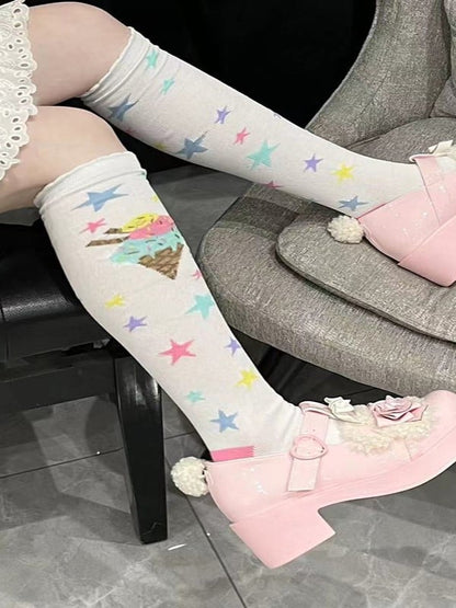 Pink/Blue/Purple/Yellow/White Star Lolita Socks Ice Design Calf Print Cream
