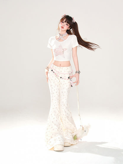 Apricot Low Waist Floral Pattern Slim-fitting Flared Pants