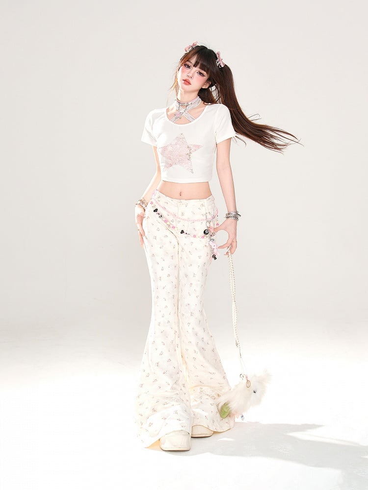 Glamorous Neck Star Print White Halter Lace Cropped T-Shirt