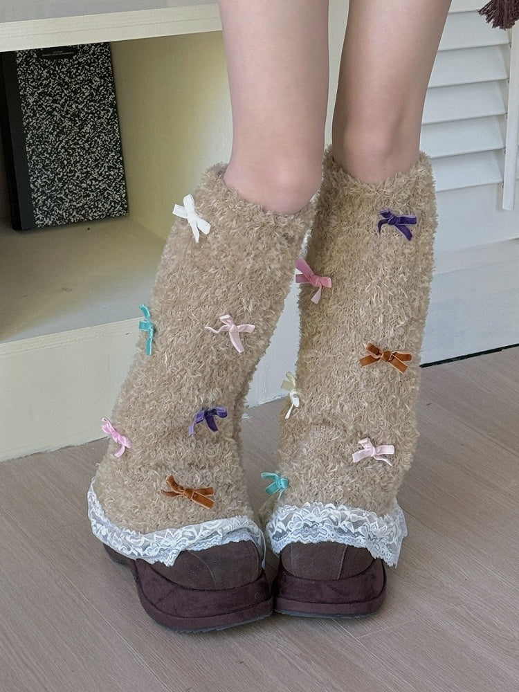 White Sweet Bowknot Lace Trim Leg Warmers