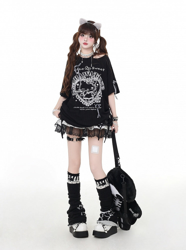 Cutout Y2K Black/White Round Waist Neck Detail T-Shirt Kitty Print Drawstring