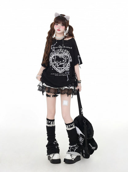 Cutout Y2K Black/White Round Waist Neck Detail T-Shirt Kitty Print Drawstring