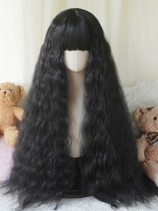 Black/Blonde/Light Blonde/Pink Hip Length Wavy Wig With Full Bangs