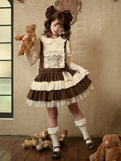 Embroidery Brooches + Details Beige Waist Brown Dress Belt Short Lolita Version Set
