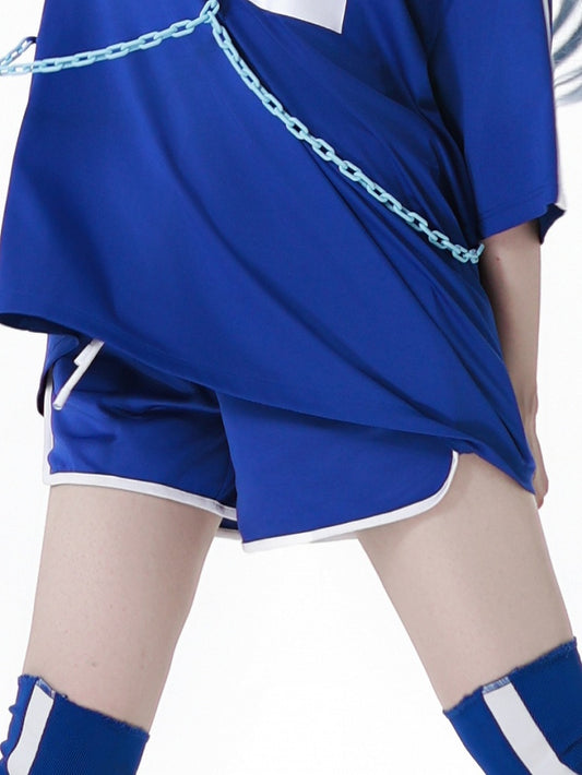 Blue White and Elastic Waist Sports Shorts
