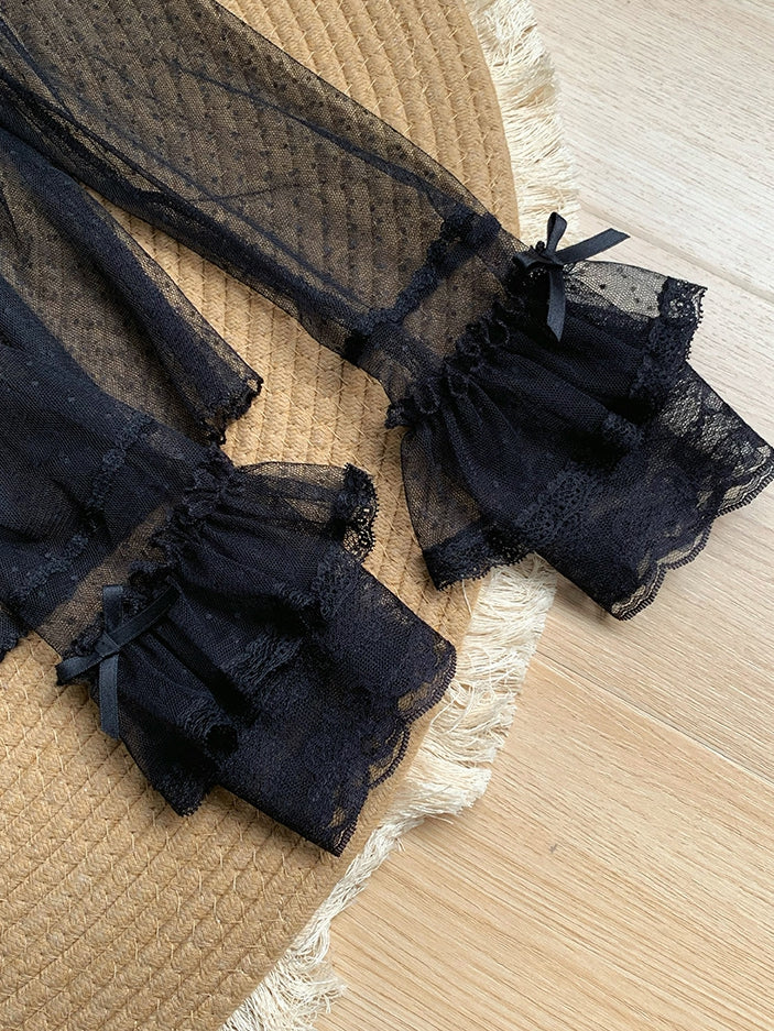 Sheer Lace Dots Black Tulle Top Long Sleeves