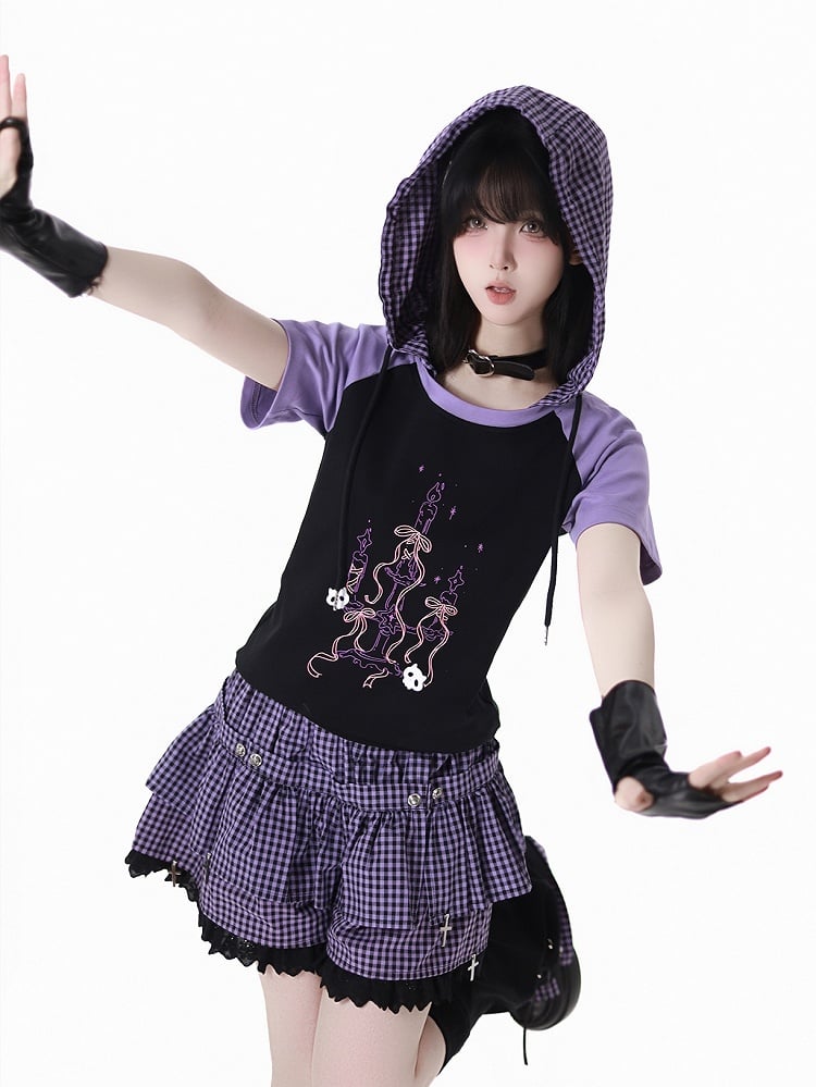 Y2K Purple Elastic Waist Lace Trim Plaid Skort