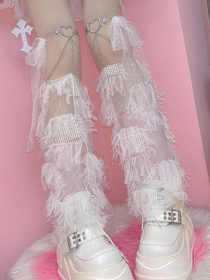 Garters Strap Self-tie Heart Sleeves Y2K With White/Black Tassels Leg Decorated