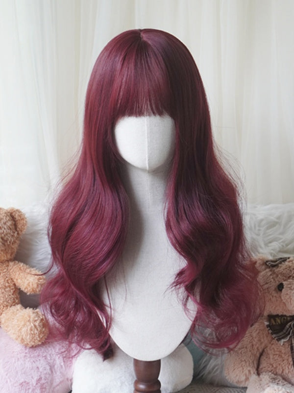 Rose Red/Dusty Blue Under Bust Length Wavy Wig With Bangs