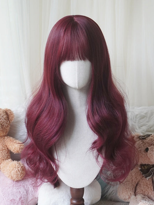 Rose Red/Dusty Blue Under Bust Length Wavy Wig With Bangs