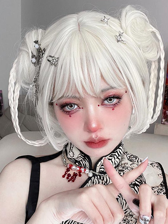 With Two Clips White Bob Wigs Braided Claw Ponytails Cut