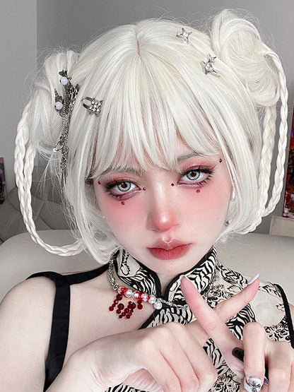 With Two Clips White Bob Wigs Braided Claw Ponytails Cut