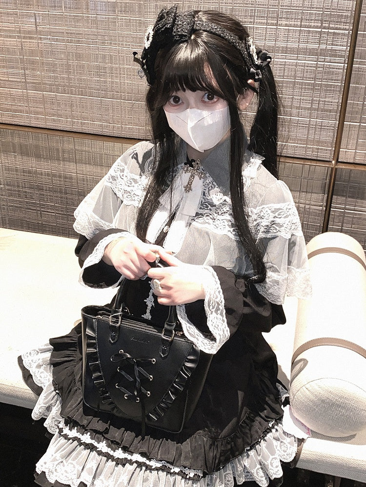 Jirai Kei White&Black/All Black Lace Cape Design Landmine Style Blouse
