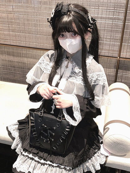 Jirai Kei White&Black/All Black Lace Cape Design Landmine Style Blouse