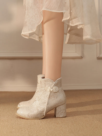 Qi Embellishments Normale/Verdickte Version Stiefel Frosch Lolita Akzent Beige Knopf Satin Perlen Blumenmuster -