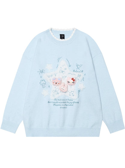 Light Blue/Light Yellow Star Applique Cute Kitties Adorned Loose Sweater