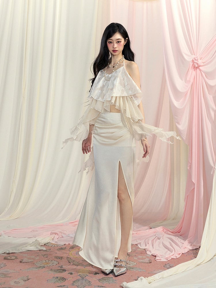 Top/Thigh-high Slit Skirt Apricot Asymmetrical Flounce Hem Halter Neck Chiffon