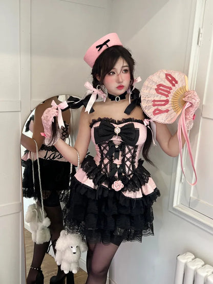 Black and Pink Lace-up Princess Strapless Corset Top / Black Lace Bloomers
