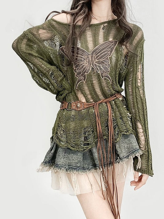 Knitted Protection Top Applique Sun Long Bittersweet Glamorous Sleeve Butterfly Green