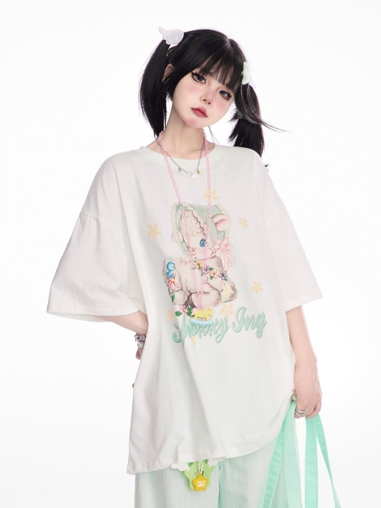 T-Shirt White Round Neck Cute Deer Print Loose