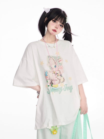 T-Shirt White Round Neck Cute Deer Print Loose