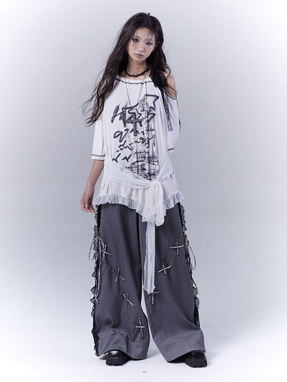 Dark Gray Lace Patches Details with Casual Pants Side Lace-up