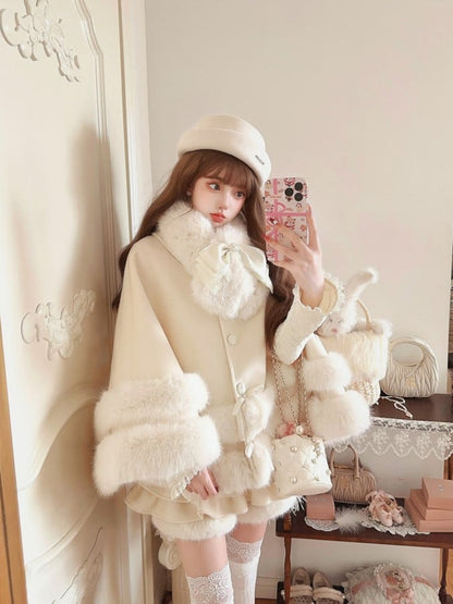 Faux Fleece Cloak White With Fur-Trimmed Bow Accents Creamy