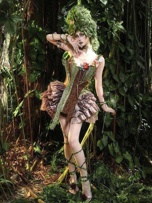 Brown and Green Asymmetrical Forest Fairy Goth Branch Corset