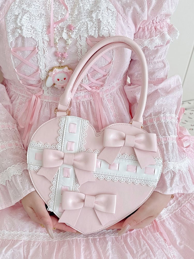 Bag Abstract PU Bow Leather with Heart - Hand Sweet Linear Accents Cross Pink Lolita Design