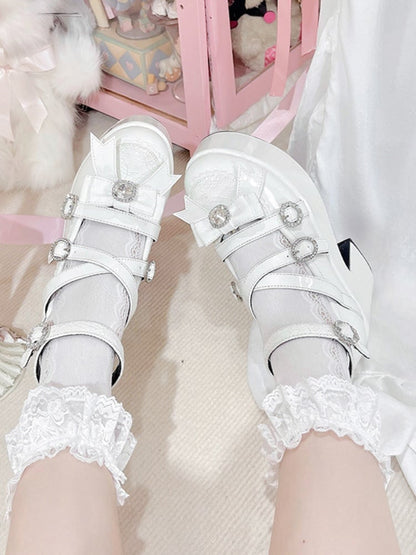 Polished White Jirai Kei Bow Rhinestone Platform High Block Heels