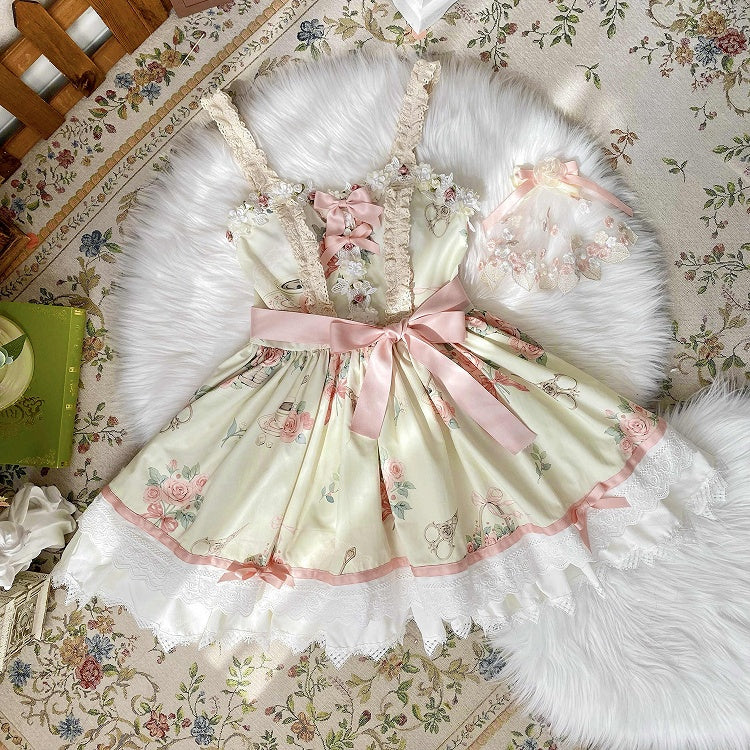 Short Lolita Print Waist Summer Skirt Dress High Rosette Jumper